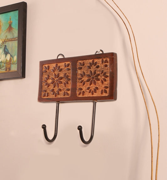 Amogh Brown and off white Hand Carved Wooden Double Wall hook