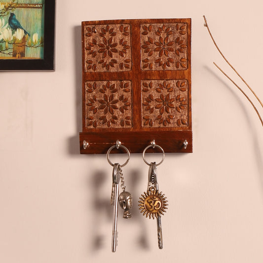 Amogh Brown and off white Hand Carved Wooden Wall Key rack