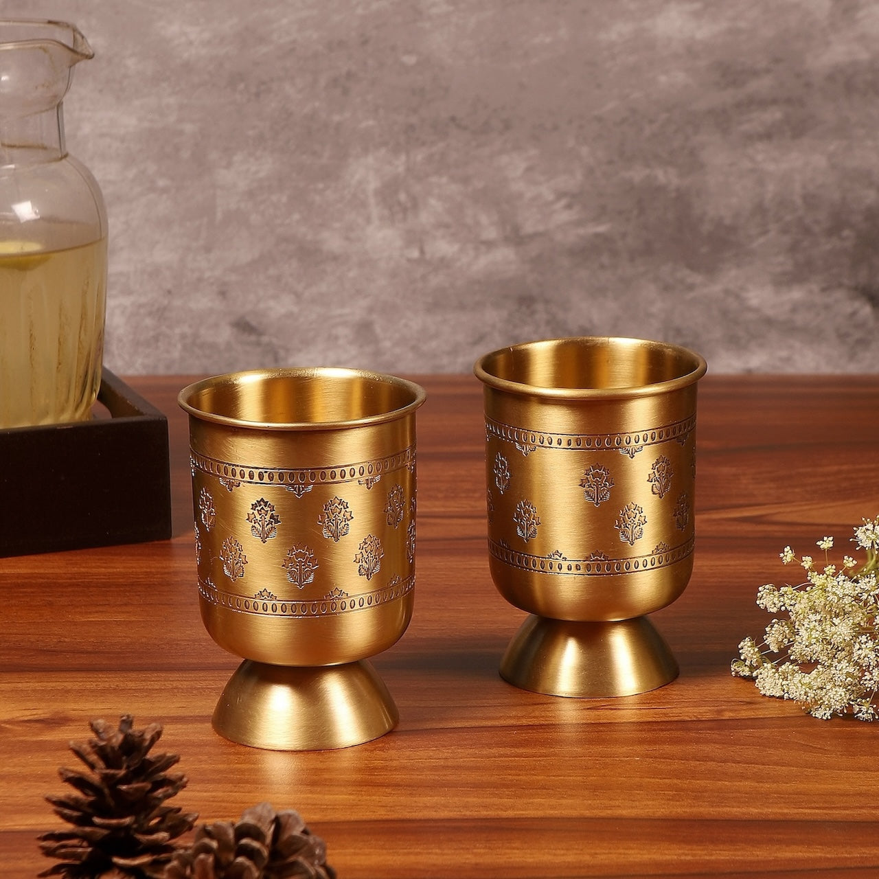 Mogra Brass Round Tray set with 2 Glasses and 2 Coasters