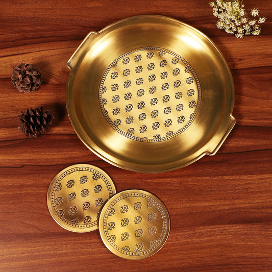 Mogra Brass Round Tray with Set of 2 Coasters (Gold & Antique)