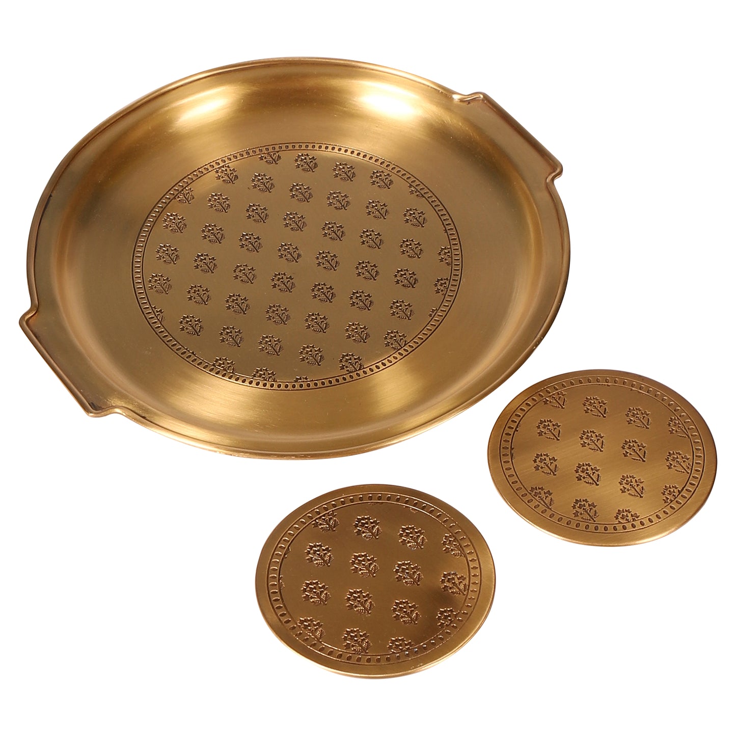 Mogra Brass Round Tray set with 2 Glasses and 2 Coasters
