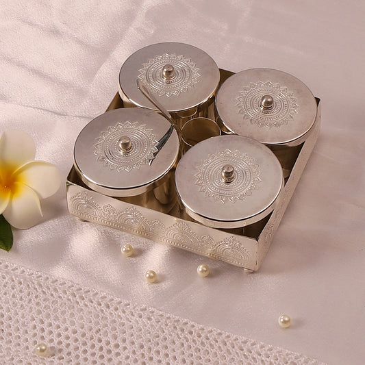 Silver Plated Brass Condiment Jars with Tray,Spoon holder & Spoon (Silver)