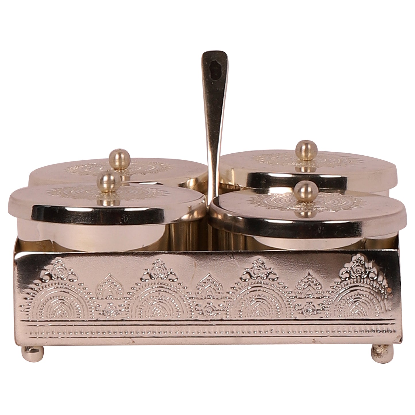 Silver Plated Brass Condiment Jars with Tray,Spoon holder & Spoon (Silver)