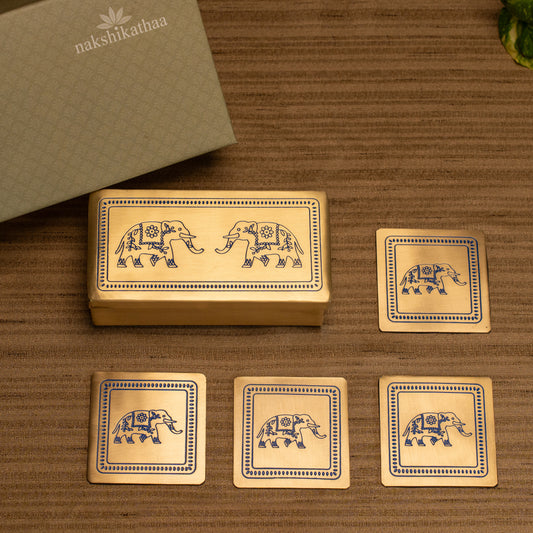 Brass Elephant Gift Box & Set of 4 coasters (Blue)