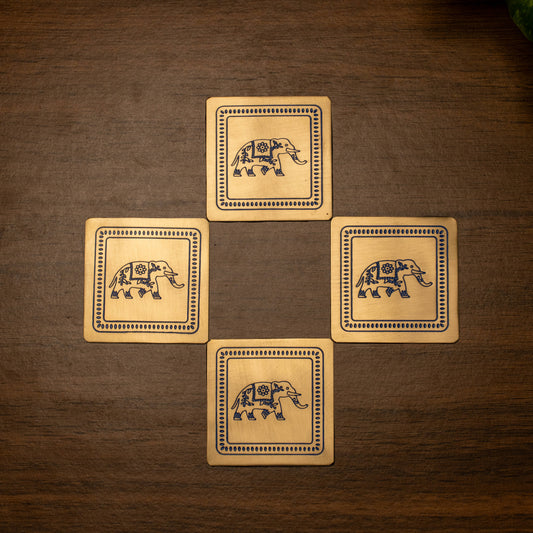 Brass Elephant Coasters - Set of 4 (Blue)