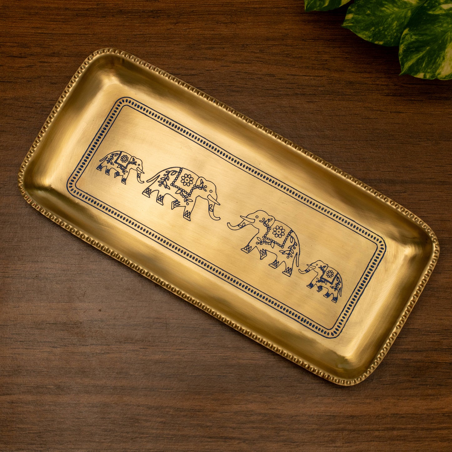 Brass Elephant Tray & Set of 4 coasters in a Gift Box (Blue)
