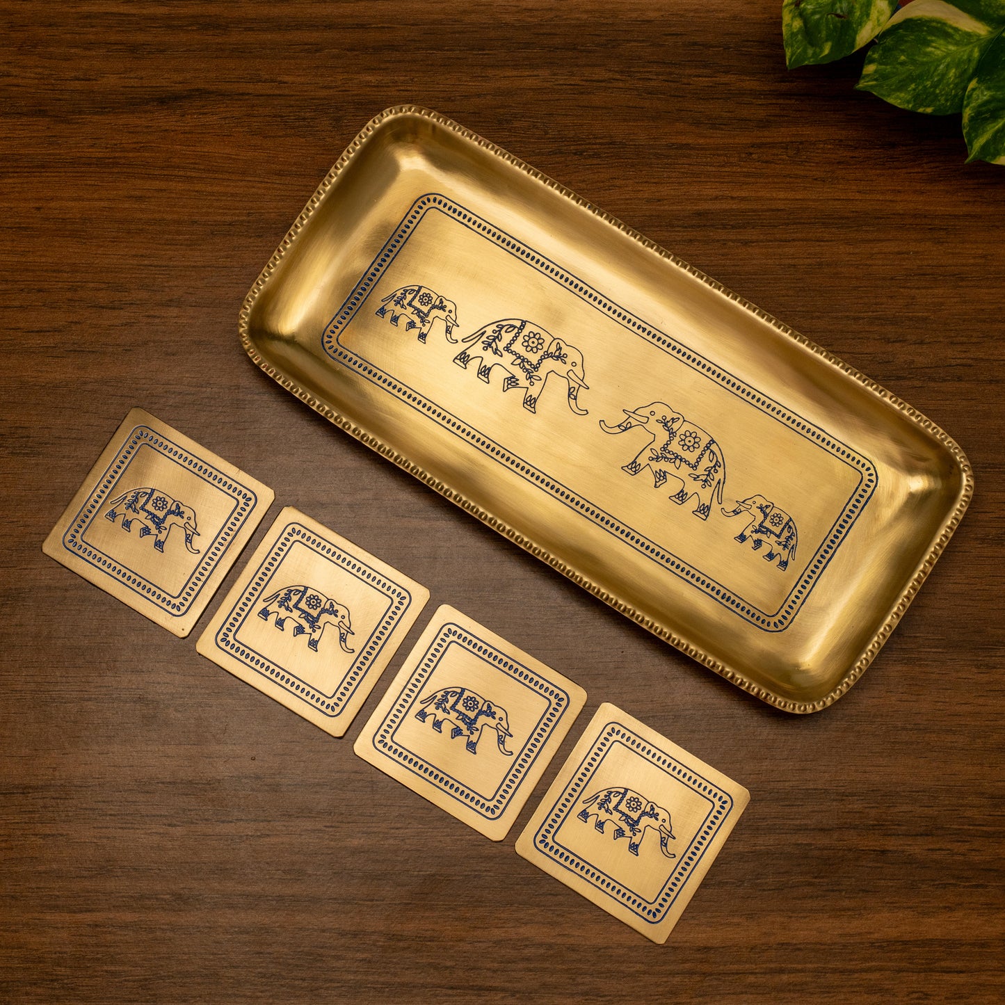 Brass Elephant Tray & Set of 4 coasters in a Gift Box (Blue)