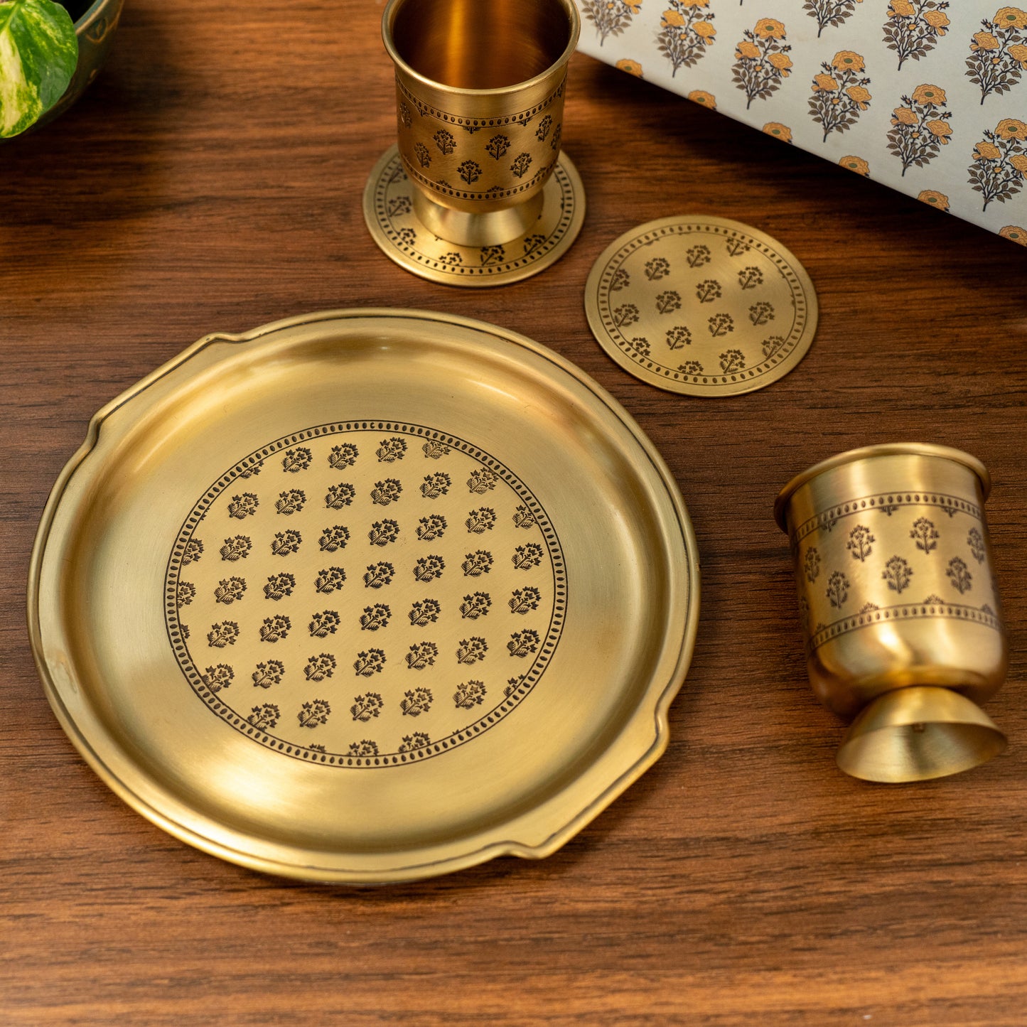Mogra Brass Round Tray set with 2 Glasses and 2 Coasters