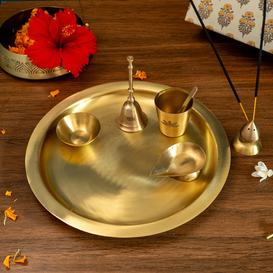 Nakshikathaa Round Brass Pooja Thaali Set (Gold & Antique)