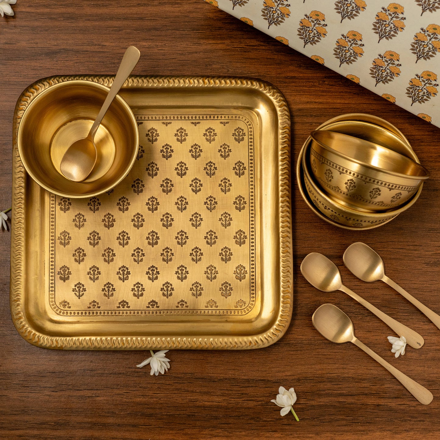 Mogra Brass Square Tray set with 4 Bowls and 4 Spoons