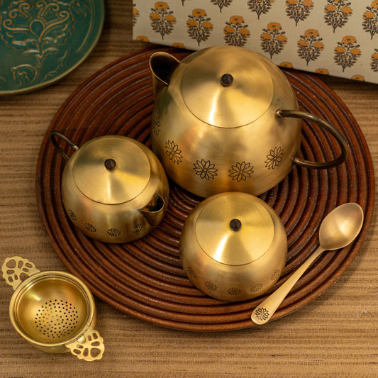 Marigold Brass Tea set with Teapot,Sugar pot, Milk pot,Strainer and Spoon