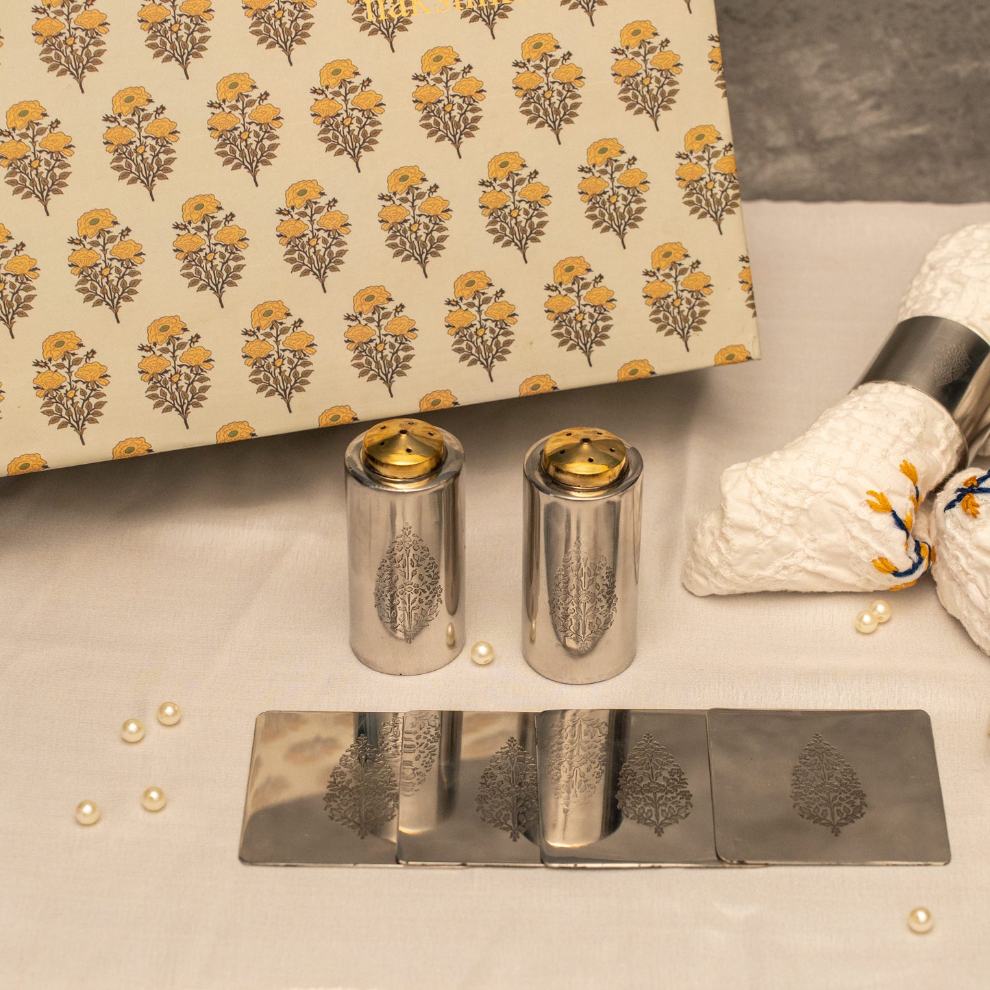 Chinar Steel Serving set with Salt and Pepper shaker and 2 Coasters