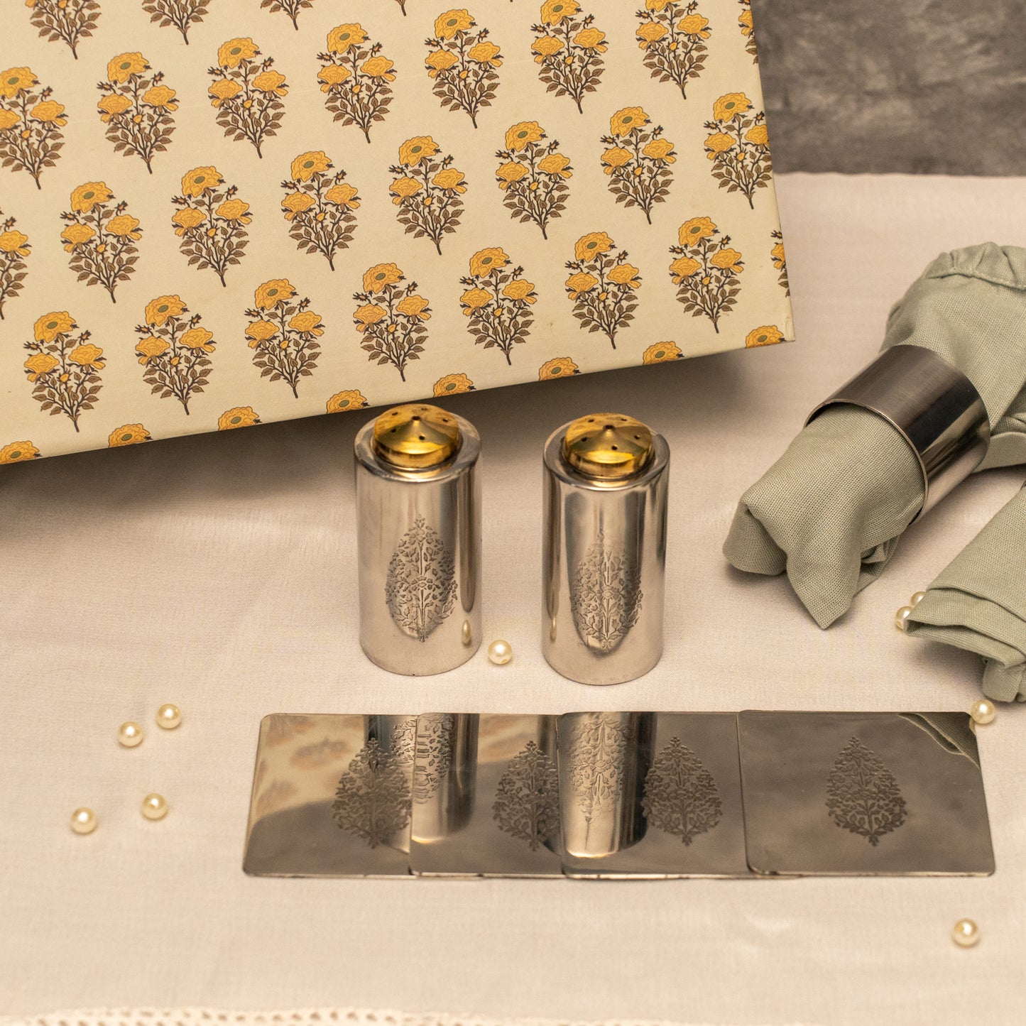 Chinar Steel Serving set with Salt and Pepper shaker and 2 Coasters