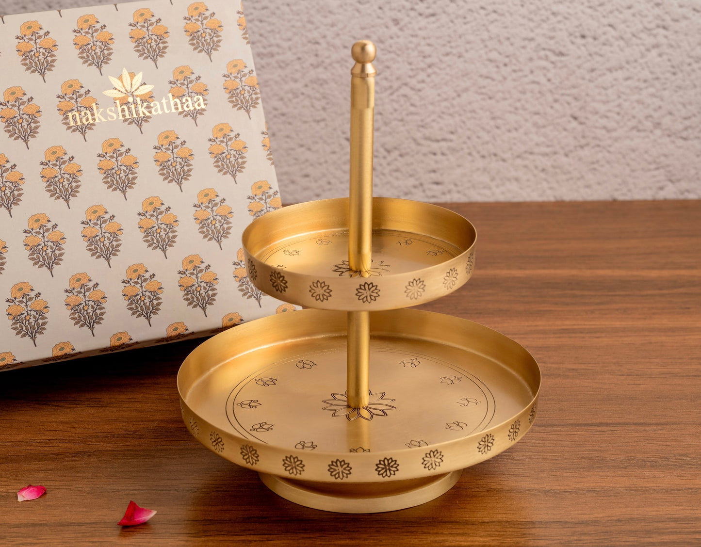 Mogra Brass 2 Tier Cake Stand in a Gift Box (Gold & Antique)
