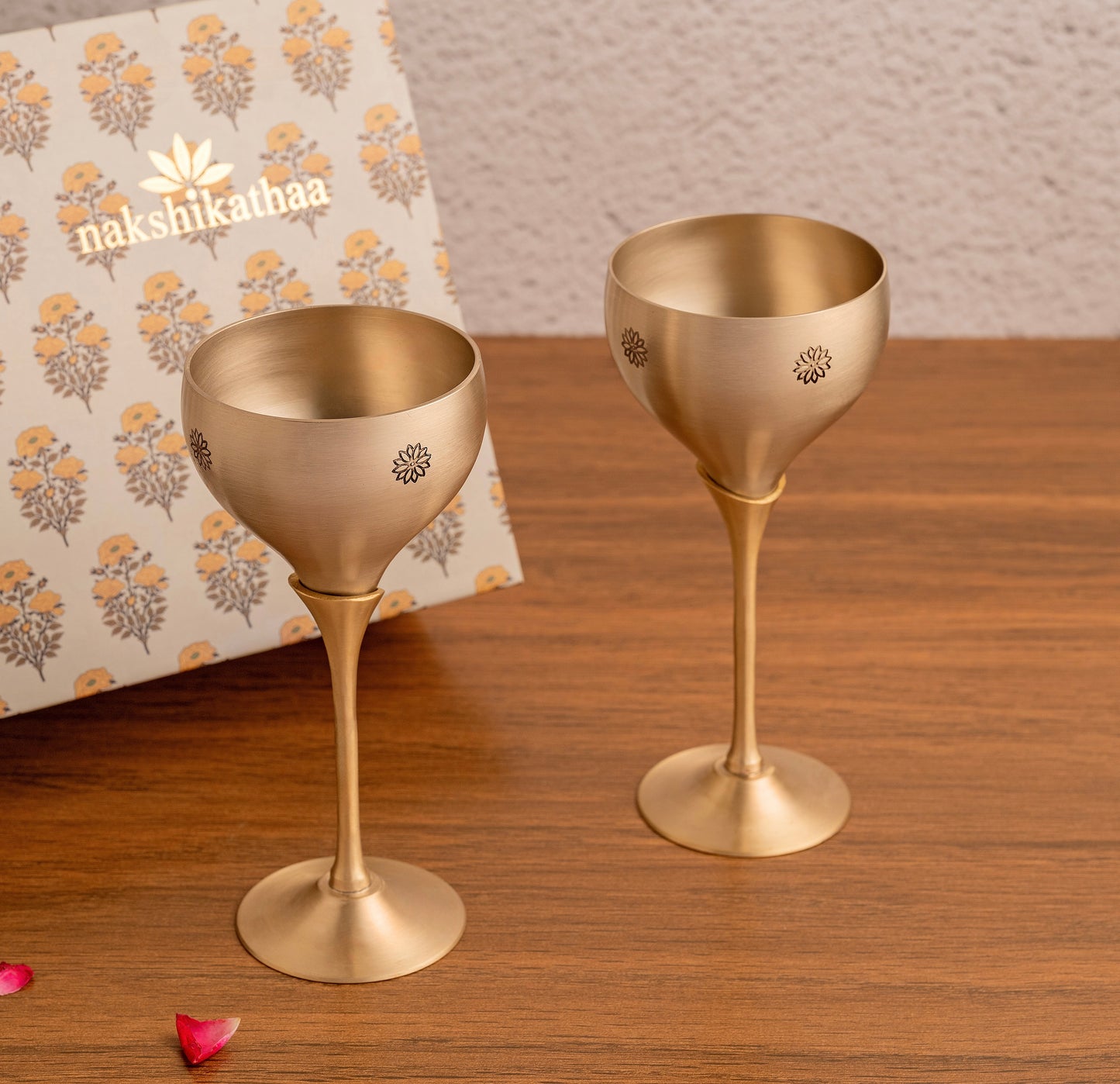 Marigold Brass Casted Wine Glass in a Gift box - Set of 2 (Gold)