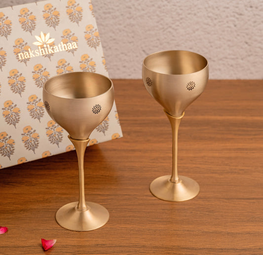 Marigold Brass Casted Wine Glass in a Gift box - Set of 2 (Gold)