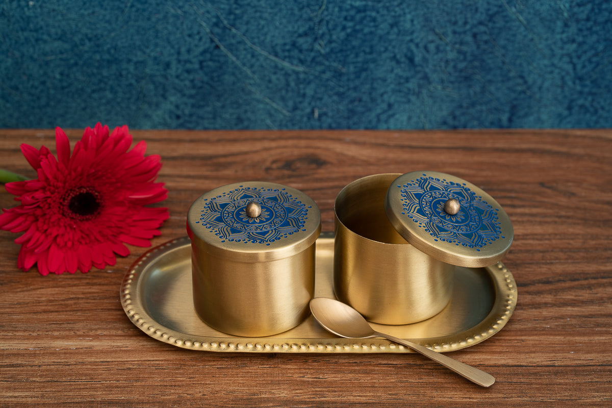 Utsav Brass Condiment Jars with Tray and Spoon (Blue)