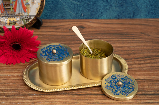 Utsav Brass Condiment Jars with Tray and Spoon (Blue)