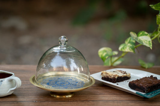 Utsav Brass Cake Stand with Glass Cloche (Blue)