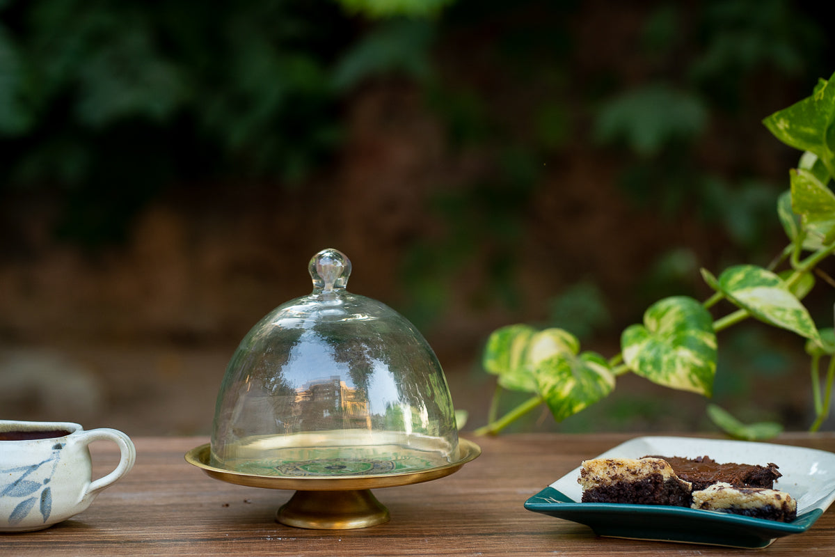 Utsav Brass Cake Stand with Glass Cloche (Green)