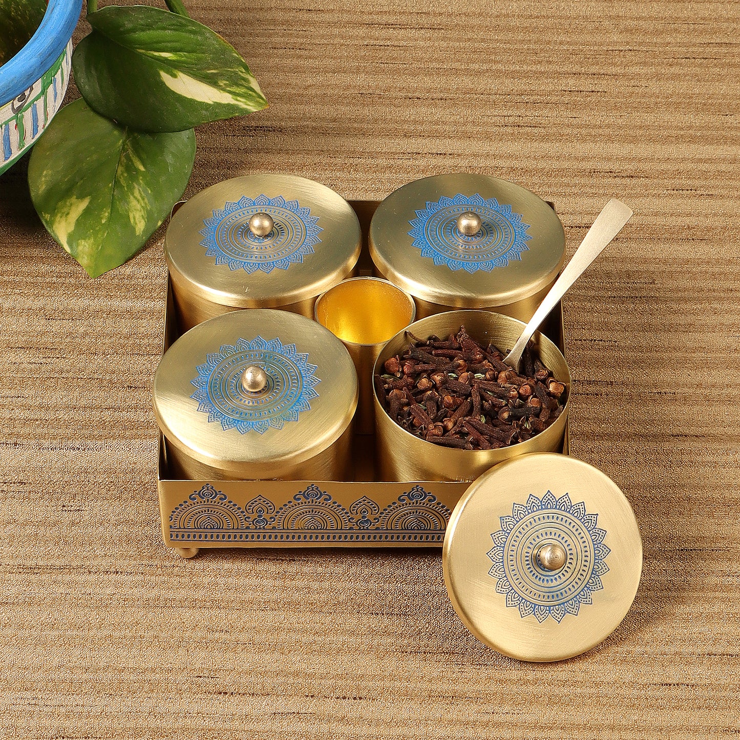 Dohar Brass Condiment Jars with Tray,Spoon holder & Spoon (Blue)