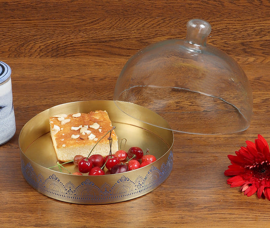 Dohar Brass Cookie Server with Glass Cloche (Blue)