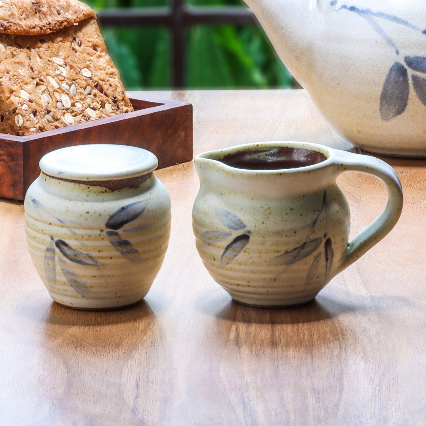 Studio Pottery Sugar Pot and Milk Jug Set (White & Blue)