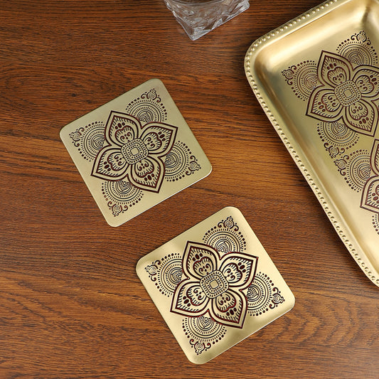 Dohar Brass Square Coaster - Set of 2 (Maroon)