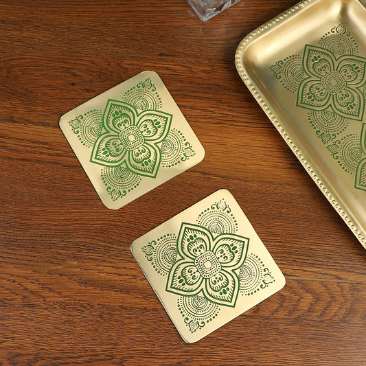 Dohar Brass Square Coaster - Set of 2 (Green)