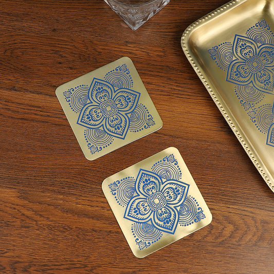 Dohar Brass Square Coaster - Set of 2 (Blue)