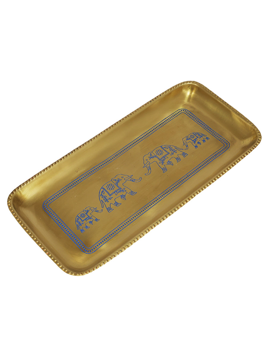 Brass Elephant Tray & Set of 4 coasters in a Gift Box (Blue)