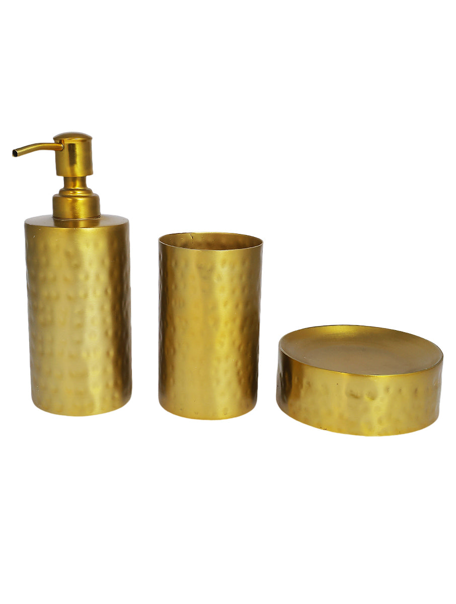 Hammer Finish Steel Brass plated Bath set with Dispenser, Tooth Brush holder and Soap dish