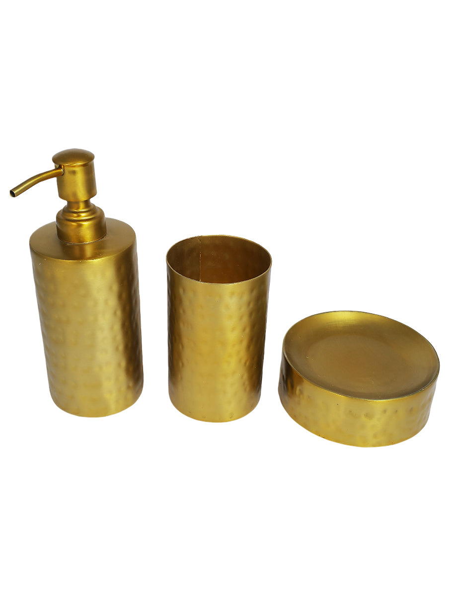 Hammer Finish Steel Brass plated Bath set with Dispenser, Tooth Brush holder and Soap dish