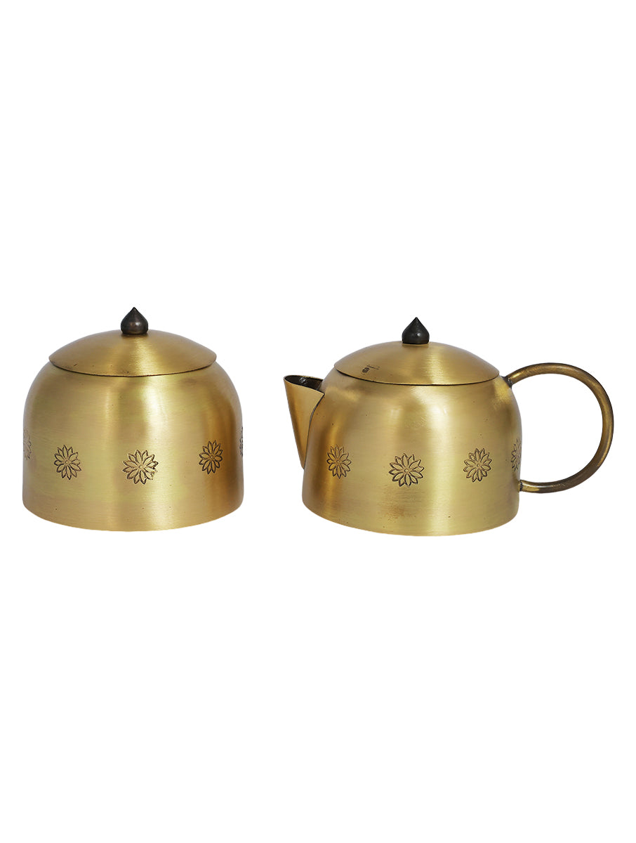 Marigold Brass Tea set with Teapot,Sugar pot, Milk pot,Strainer and Spoon