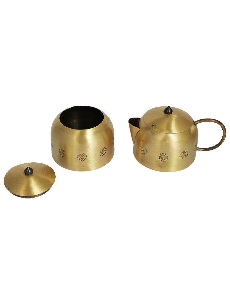 Marigold Brass Tea set with Teapot,Sugar pot, Milk pot,Strainer and Spoon