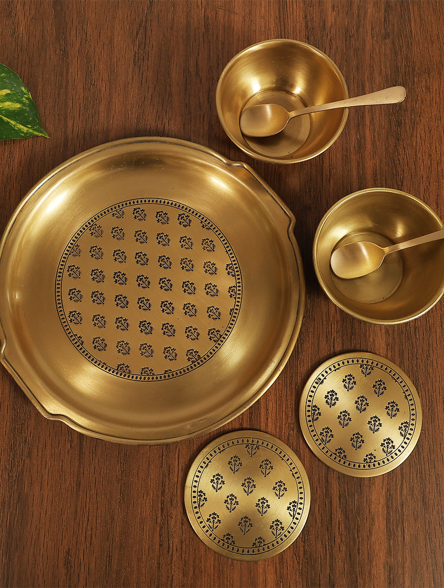 Mogra Brass Tray set with 2 Bowls, 2 Spoons and 2 Coasters