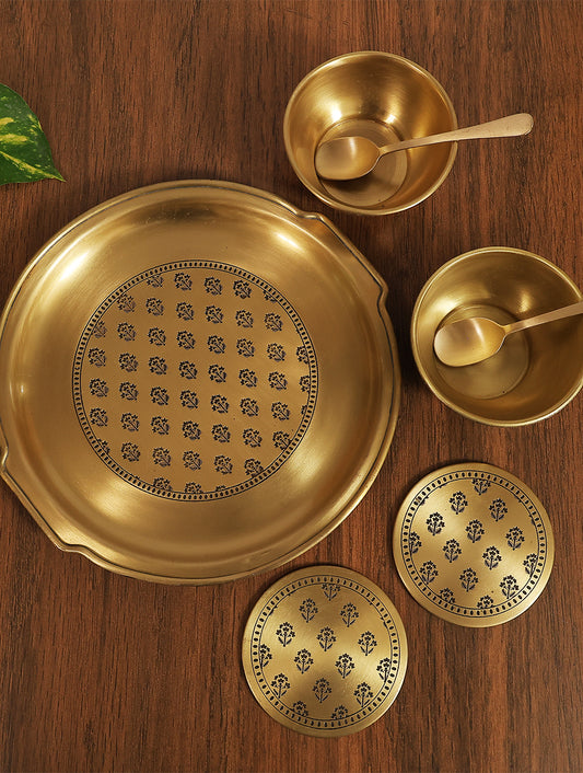 Mogra Brass Tray set with 2 Bowls, 2 Spoons and 2 Coasters