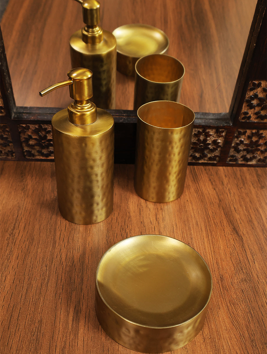 Hammer Finish Steel Brass plated Bath set with Dispenser, Tooth Brush holder and Soap dish