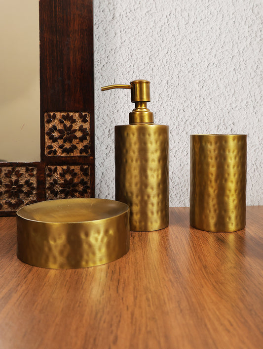 Hammer Finish Steel Brass plated Bath set with Dispenser, Tooth Brush holder and Soap dish