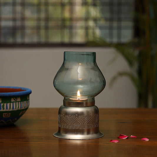 Utsav Silver Plated candle base with Blue Glass Chimney