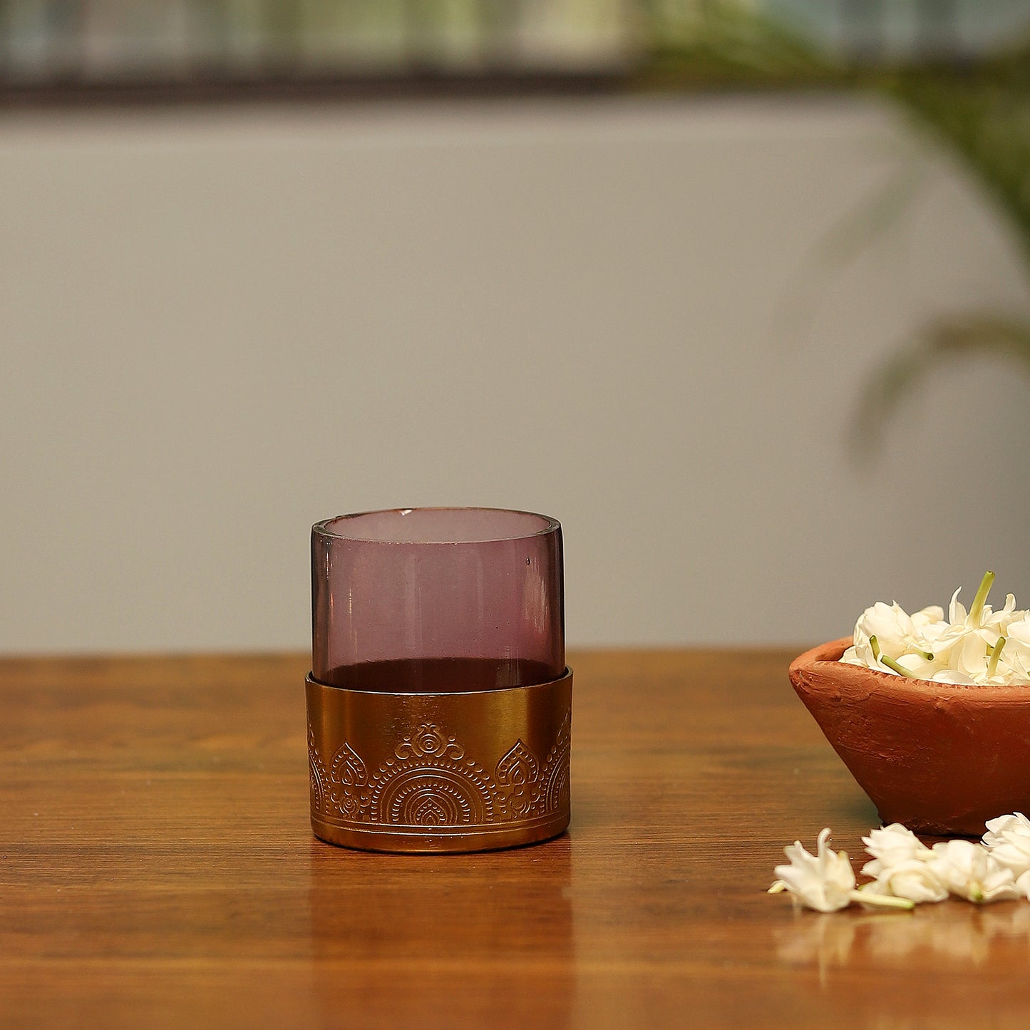 Dohar Gold Plated Votive with Purple Glass - Set of 2