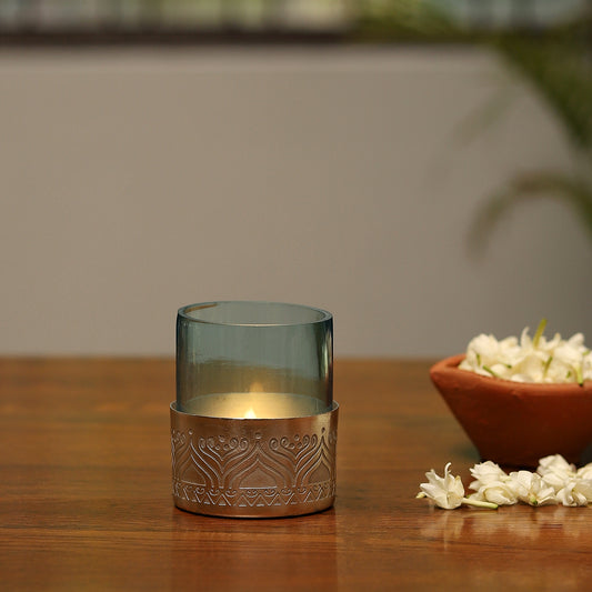 Utsav Silver Plated Votive with Blue Glass - Set of 2