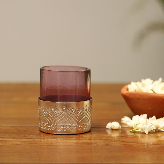 Utsav Silver Plated Votive with Purple Glass - Set of 2