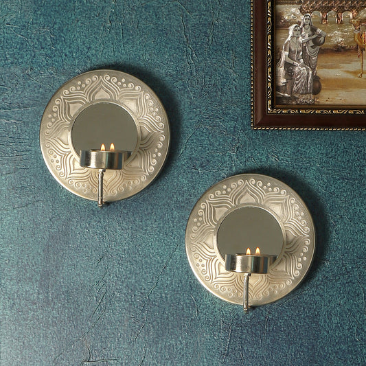 Utsav Silver Plated Wall Sconce with mirror & tea light holder - Set of 2