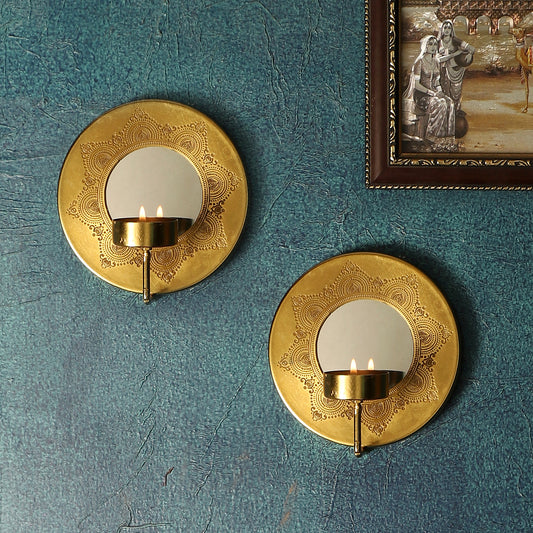 Dohar Gold Plated Wall Sconce with mirror & tea light holder - Set of 2