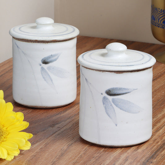Studio Pottery White & Blue Jars - Set of 2
