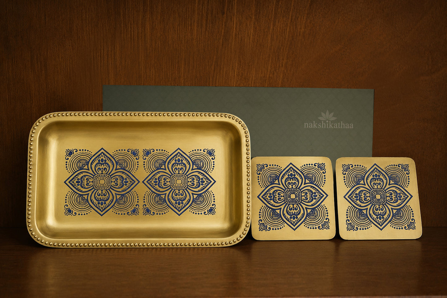 Dohar Brass Serveware Gift Hamper with Brass Rectangular Tray & Square Set of 2 coasters (Blue)