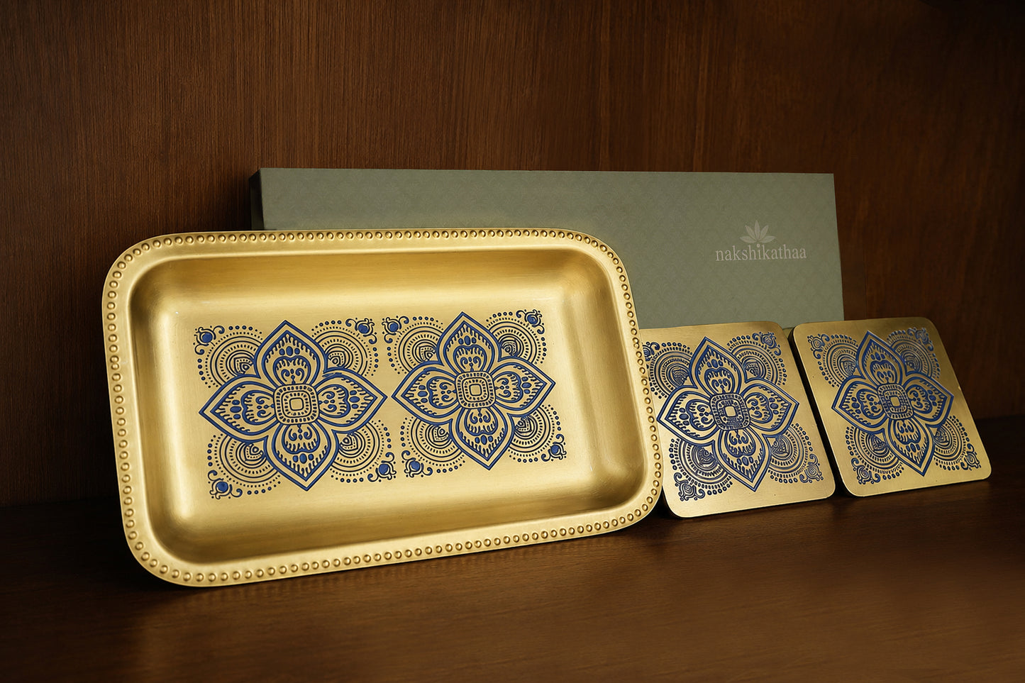 Dohar Brass Serveware Gift Hamper with Brass Rectangular Tray & Square Set of 2 coasters (Blue)