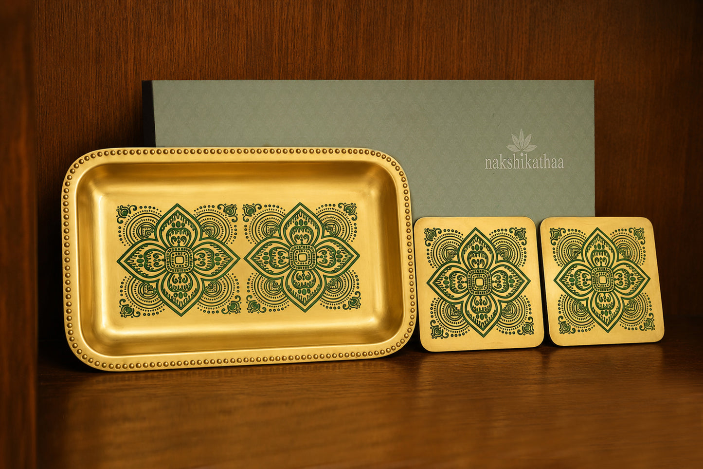 Dohar Brass Serveware Gift Hamper with Brass Rectangular Tray & Square Set of 2 coasters (Green)