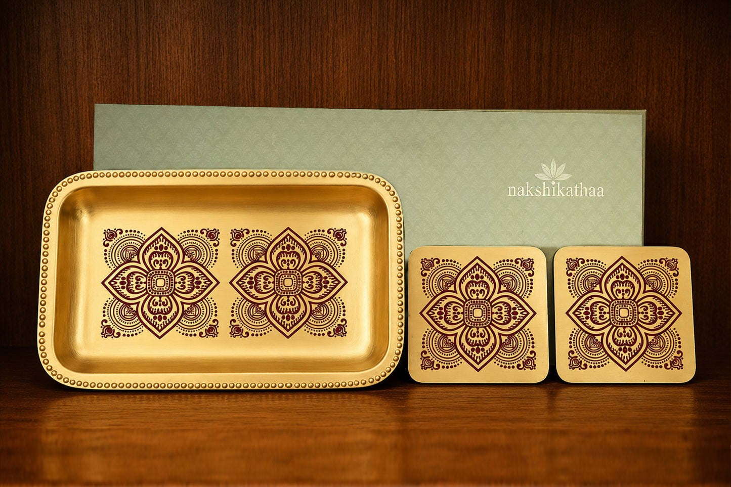 Dohar Brass Serveware Gift Hamper with Brass Rectangular Tray & Square Set of 2 coasters (Maroon)